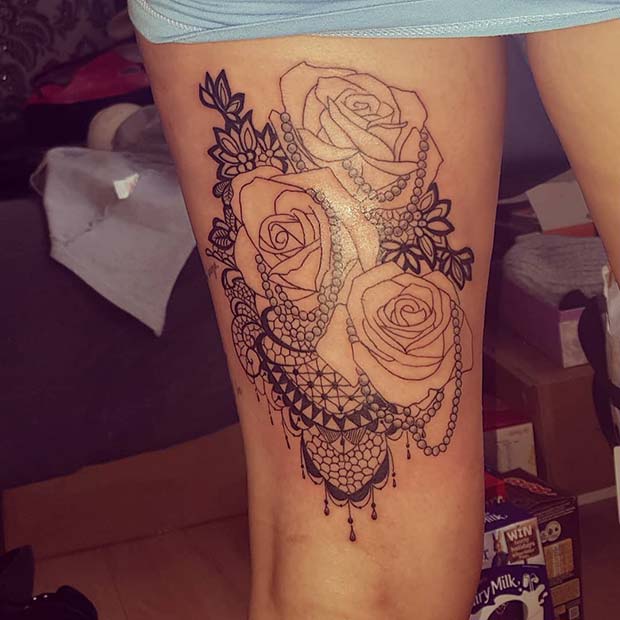 Rose and Lace Tattoo Thigh Tattoo 