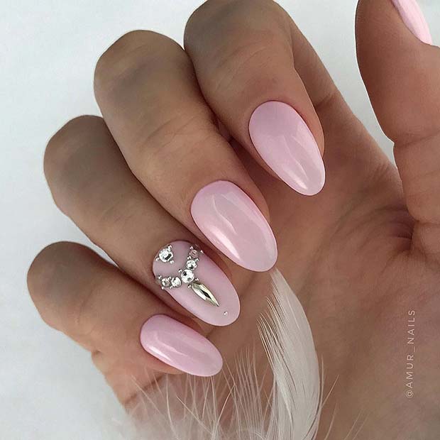 Stylish Light Pink Nails with Rhinestones