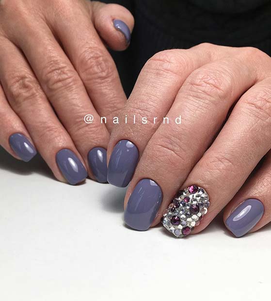 Grey Nail Design with Rhinestone Accent Nail 