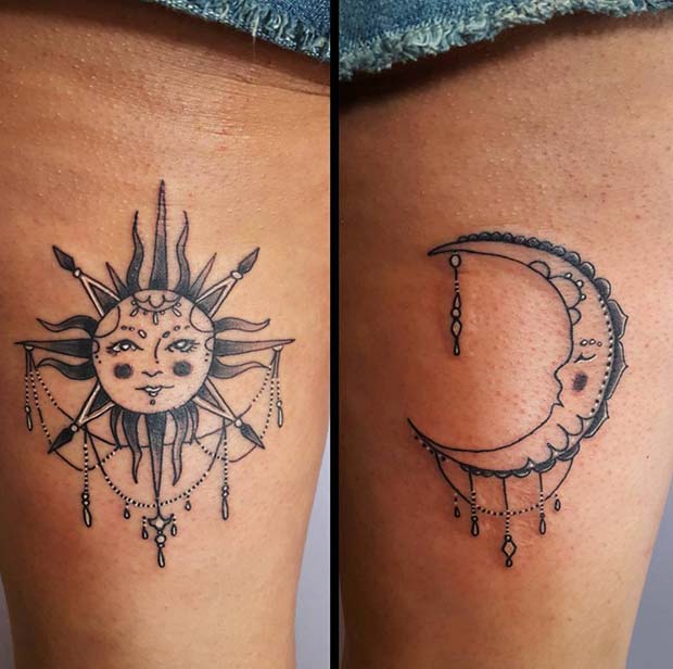 Sun and Moon Back of Thigh Tattoo Idea