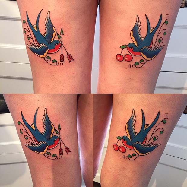 Traditional Swallow Thigh Tattoos