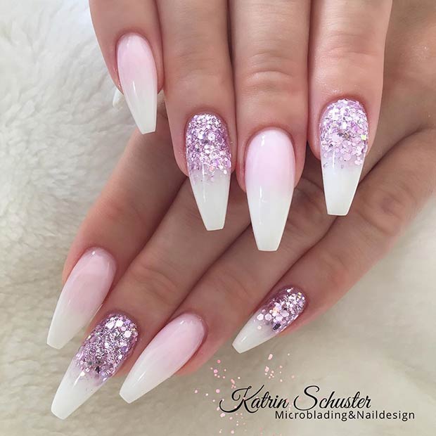 White French Ombre Nails with Pink Glitter