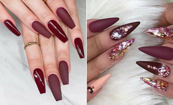 Mixed Rose Gold Glitter Frosted Burgundy Matte fine high-Heeled False Nails  24 Full Coverage Finished pre-Designed False Nail Tips Wear Manicure  Finished Product : Amazon.ca: Beauty & Personal Care