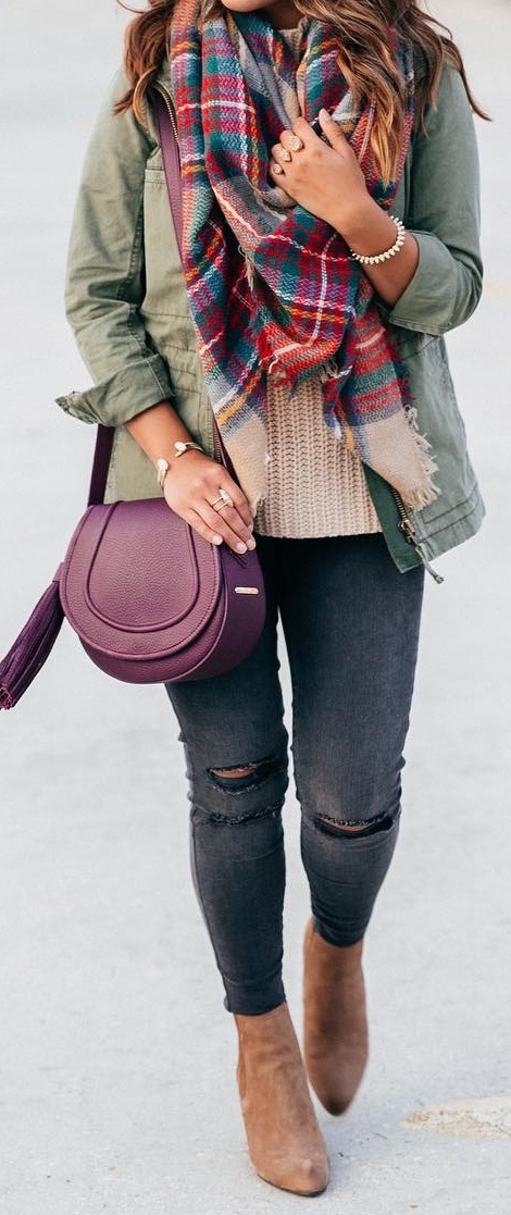 Casual Jeans, Military Jacket and Plaid Scarf