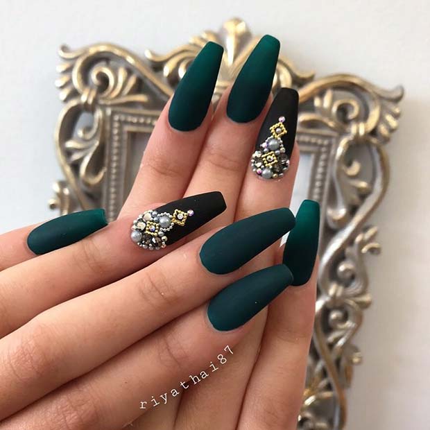 Dark Green and Black Matte Coffin Nails