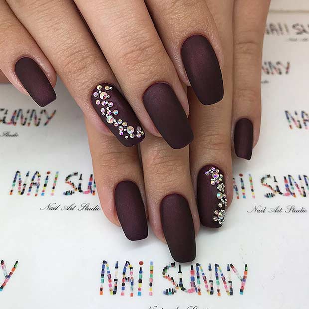 Burgundy Matte Nails with Rhinestones 