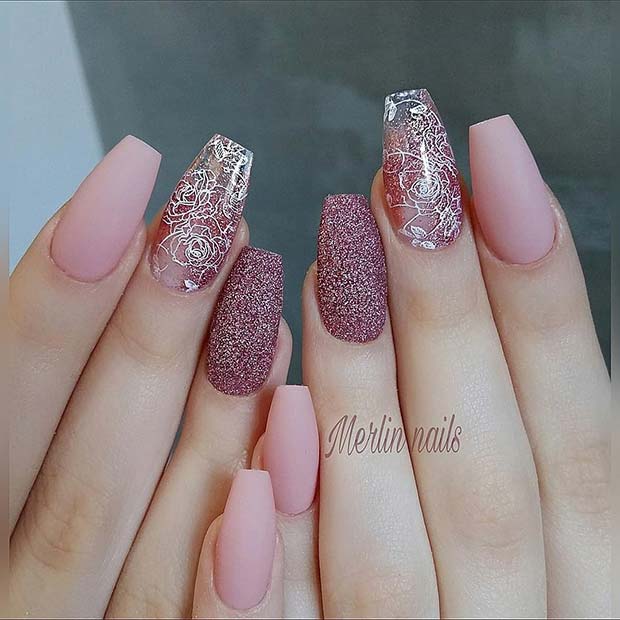 Glam Matte Coffin Nails with Flowers and Glitter