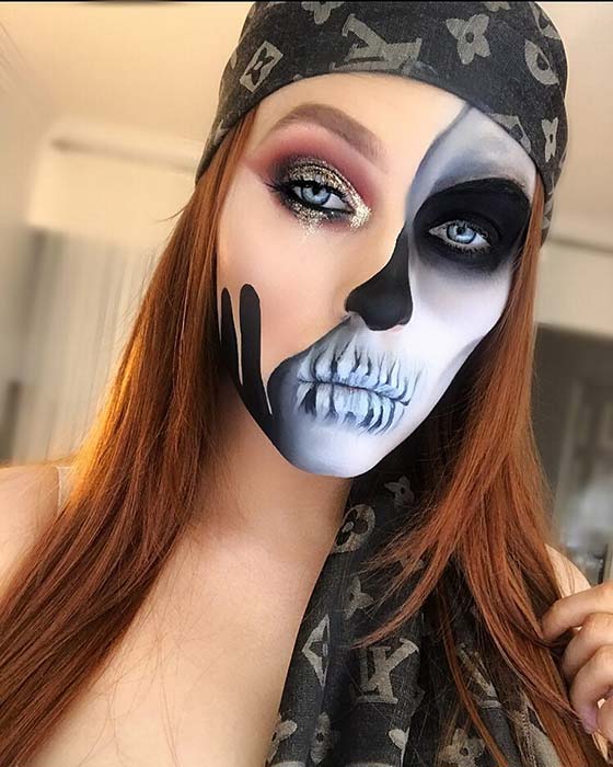 Half Skull Face Halloween Makeup 