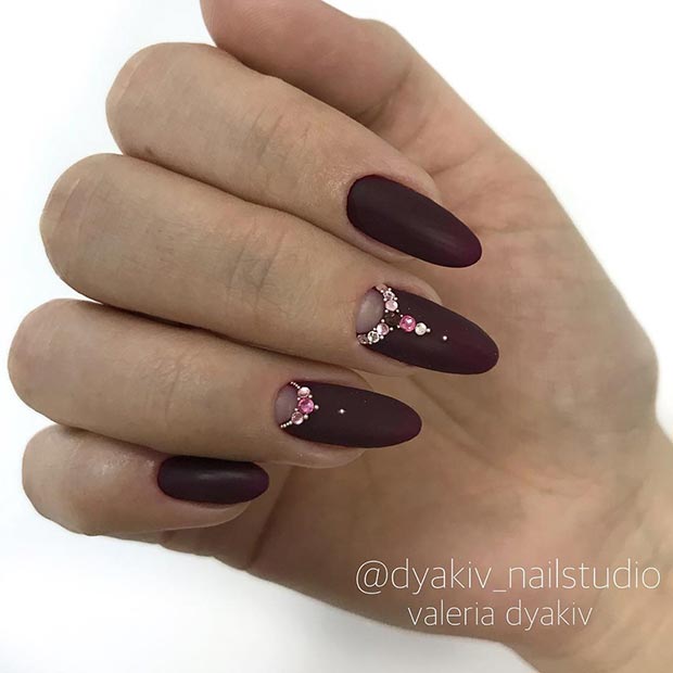 Matte Burgundy Nails with Rhinestones