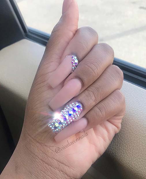 Nude Matte Coffin Nails with Rhinestones