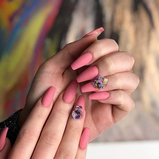  Pink Matte Coffin Nails with Gems
