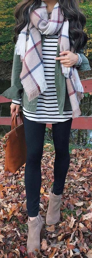 Striped Shirt and Plaid Scarf Outfit Idea