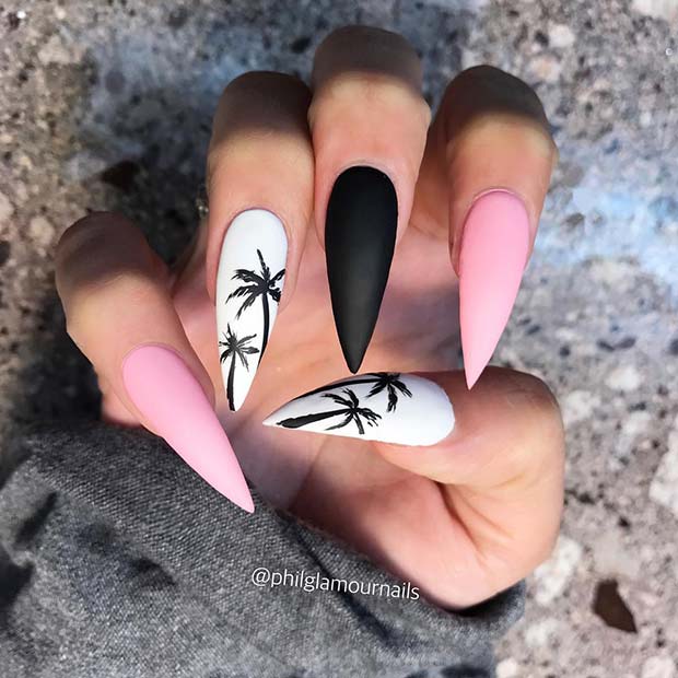 Matte Black Nails with Palm Trees