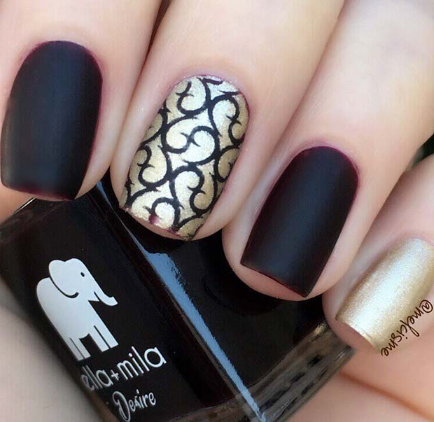 Matte Black and Gold Nails