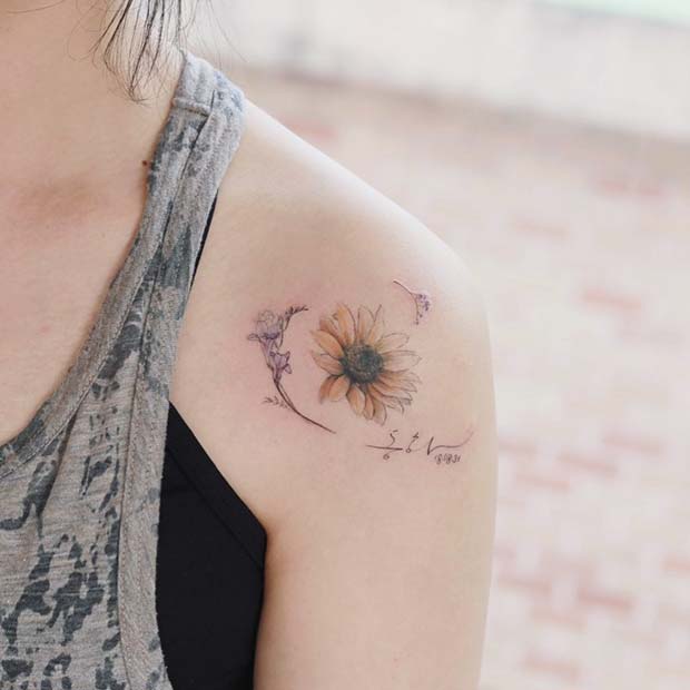 Delicate Sunflower Shoulder Tattoo