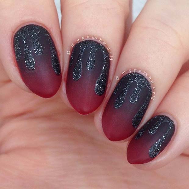 Black and Red Glitter Drip Nails for Halloween 