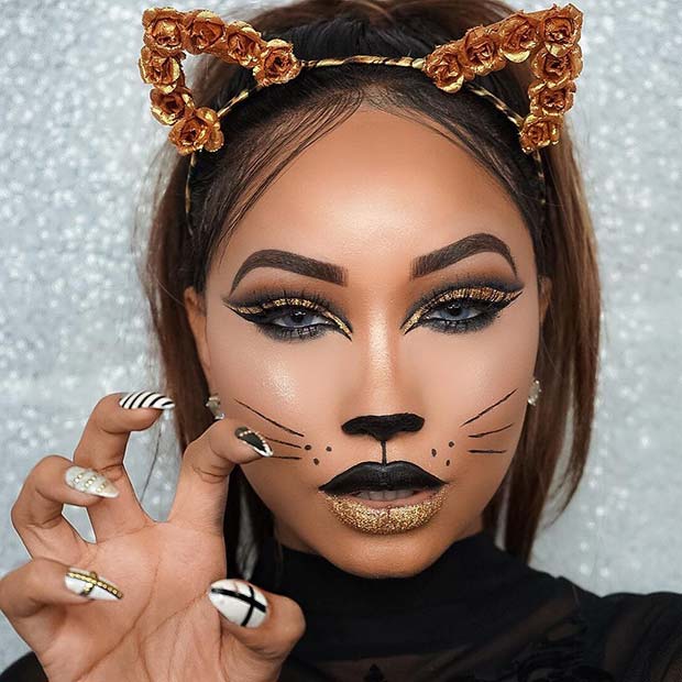 Maquillaje de gato dorado para Halloween 