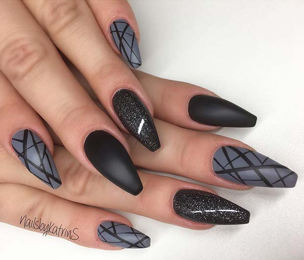 Matte Black and Dark Grey Coffin Nails