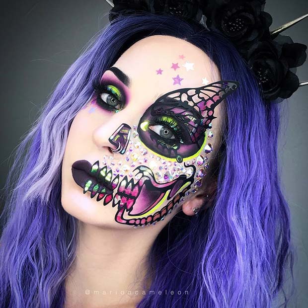 Half Butterfly Skull Makeup Idea