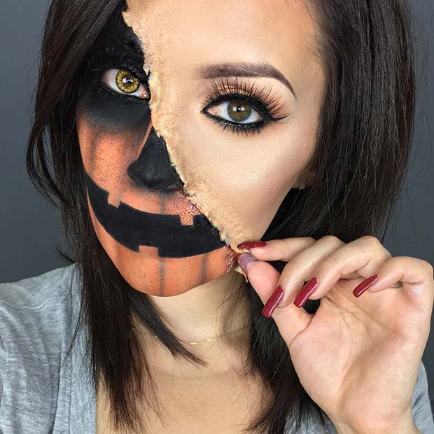 Half Pumpkin Halloween Makeup