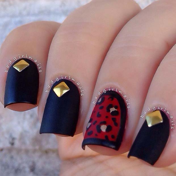 Matte Black Nails with Leopard Print 