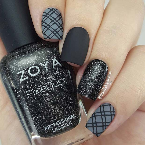 Matte Black and Plaid Nail Art Design