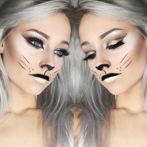 Halloween Cat Makeup with a Pop of Glitter 