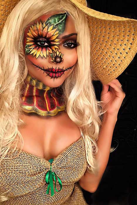 Pretty Scarecrow Halloween Makeup and Costume