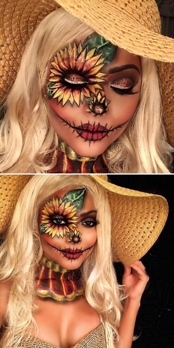 Halloween Costumes Woman Pretty At Maria Gibson Blog   Pretty Scarecrow Sunflower Halloween Makeup Idea 