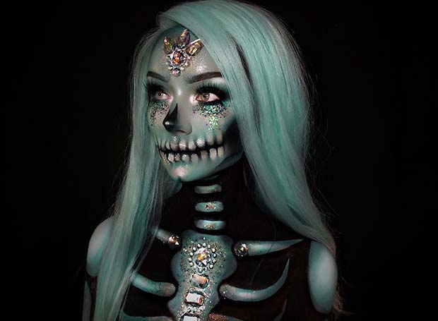 Green Skeleton Halloween Makeup with Rhinestones