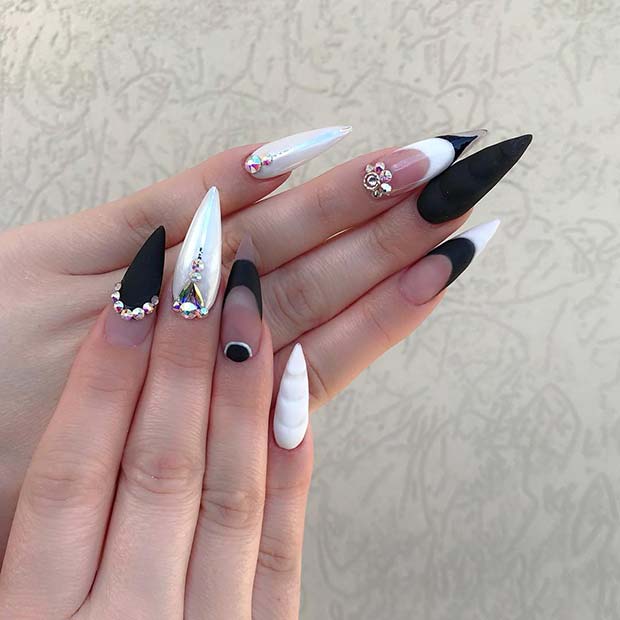 Matte Black and White Stiletto Nails