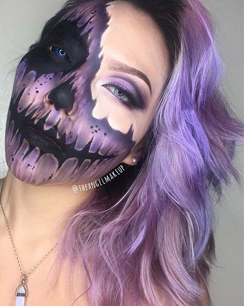 Unique Half Purple Pumpkin Makeup