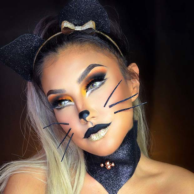 Vibrant Glitter Cat Halloween Makeup