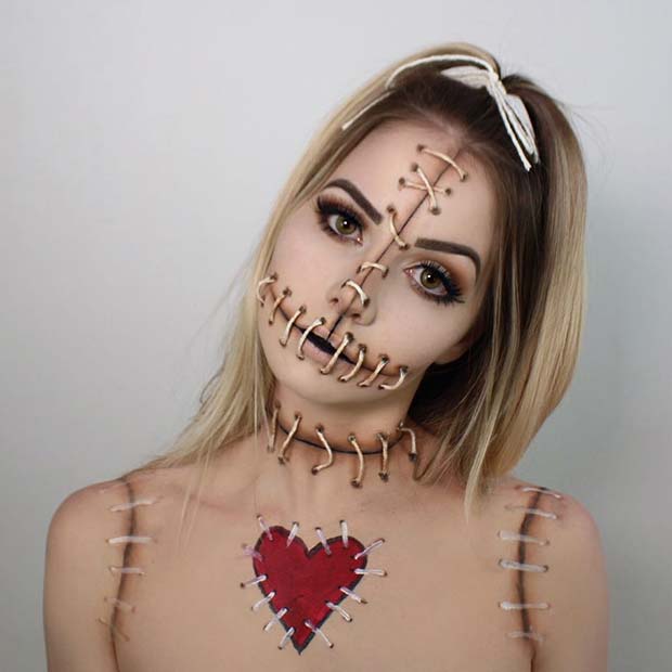 MAQUIAGEM HALLOWEEN (BONECA DE VOODOO) - Voodoo Doll Makeup 