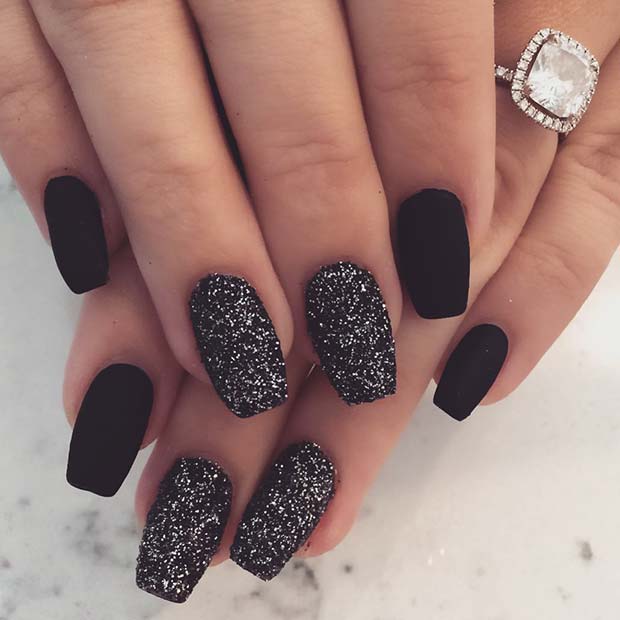 Chic Matte Black Nails with Sparkle