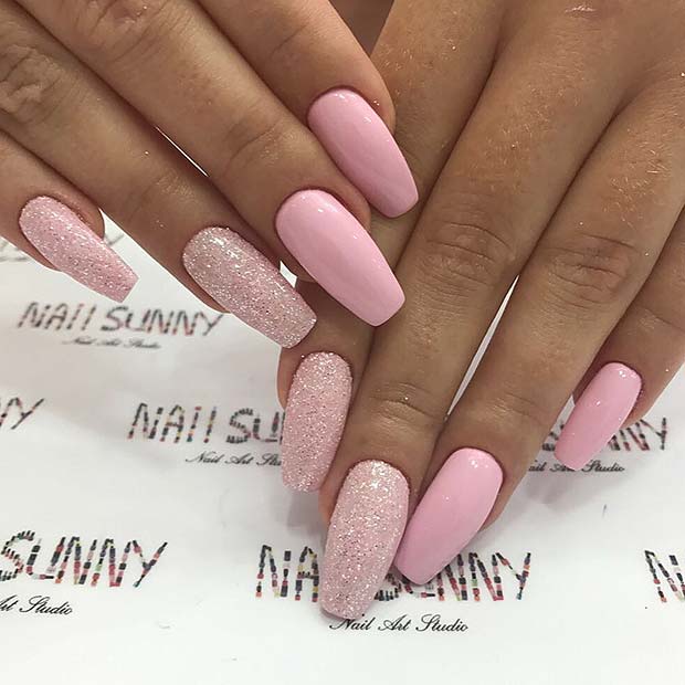 Light Pink Coffin Nails with Glitter 