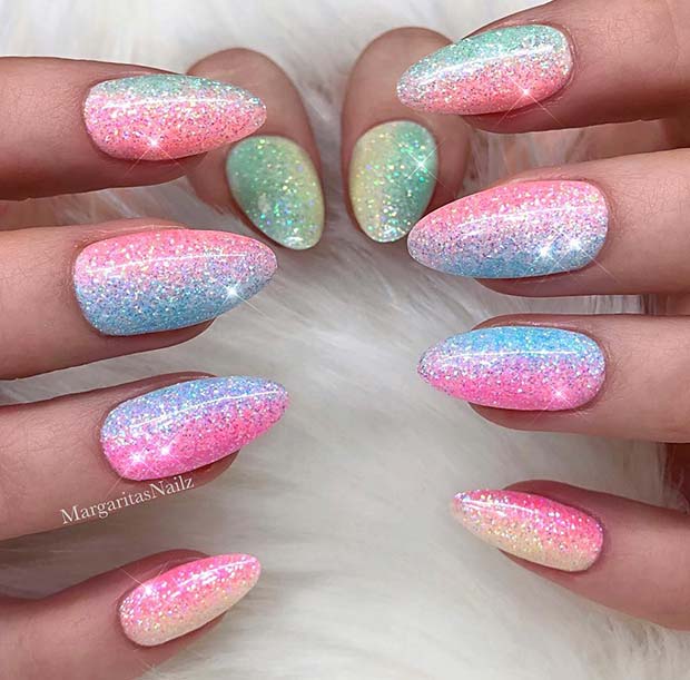 Colorful Glitter Ombre Unicorn Nails