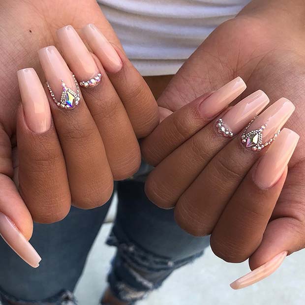 short white acrylic nails with gems