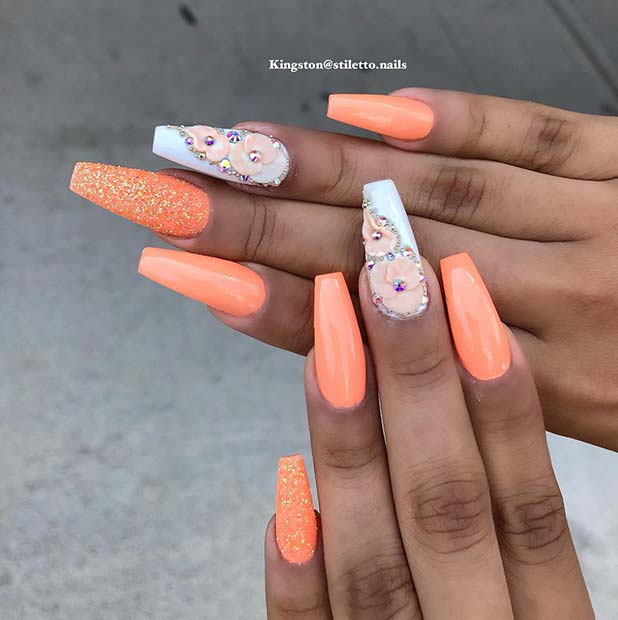  Long, Orange Coffin Nails 