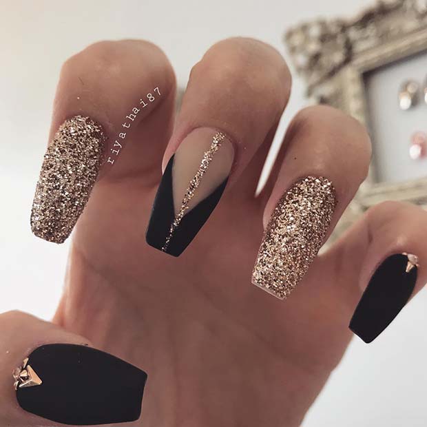 Gold Glitter and Matte Black Coffin Nails