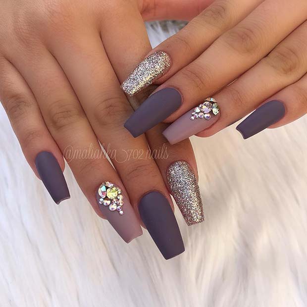 Matte Grey Coffin Nails with Rhinestones and Glitter 