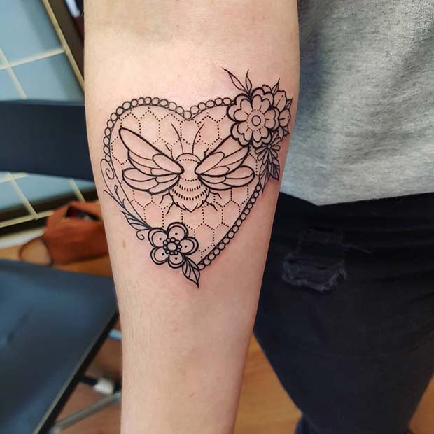 Honeycomb Heart and a Bee Tattoo Design