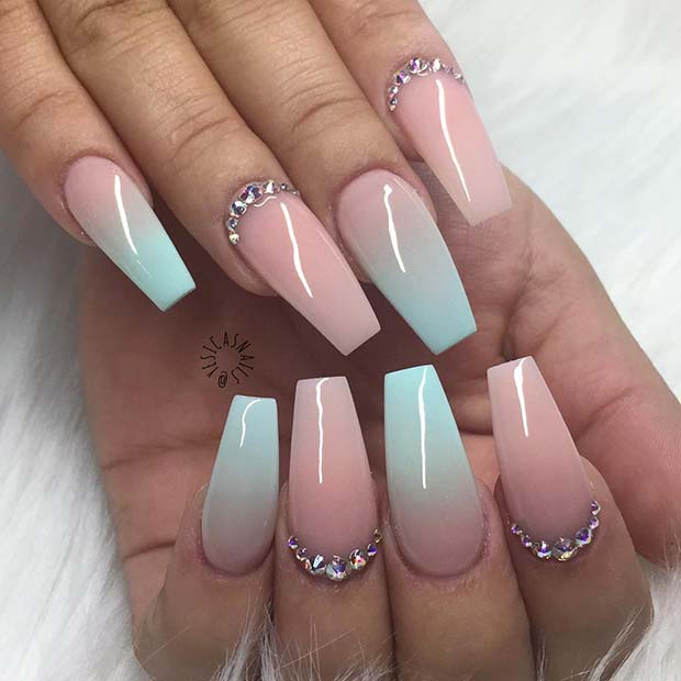 Pastel Ombre Coffin Nails with Rhinestones