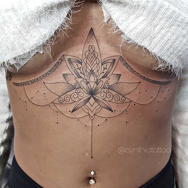 Lotus Flower Sternum Tattoo Idea