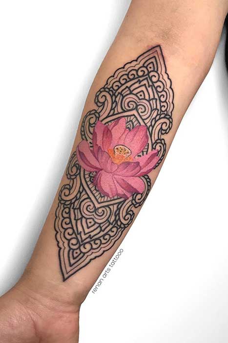 Lotus Flower Tattoo with Patterns and Color