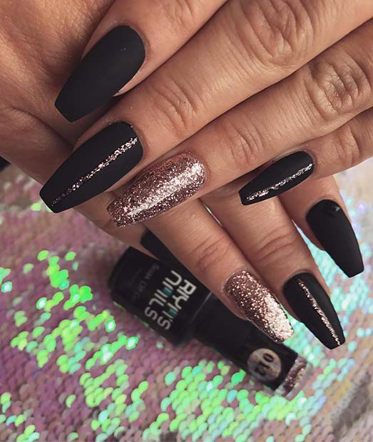 Matte Black and Gold Glitter Coffin Nails