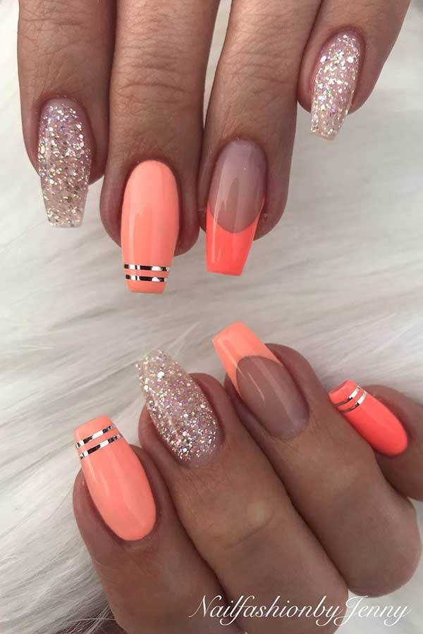 Neon Coral Nail Design for Summer