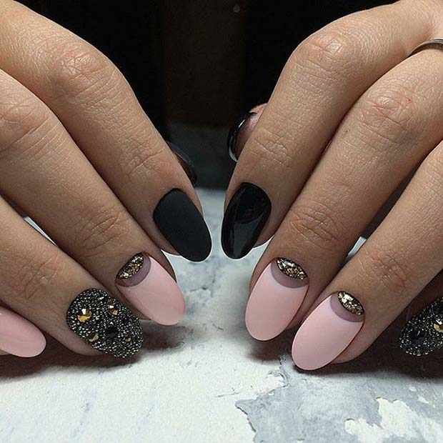 Pink and Black Glitter Nail Art Idea