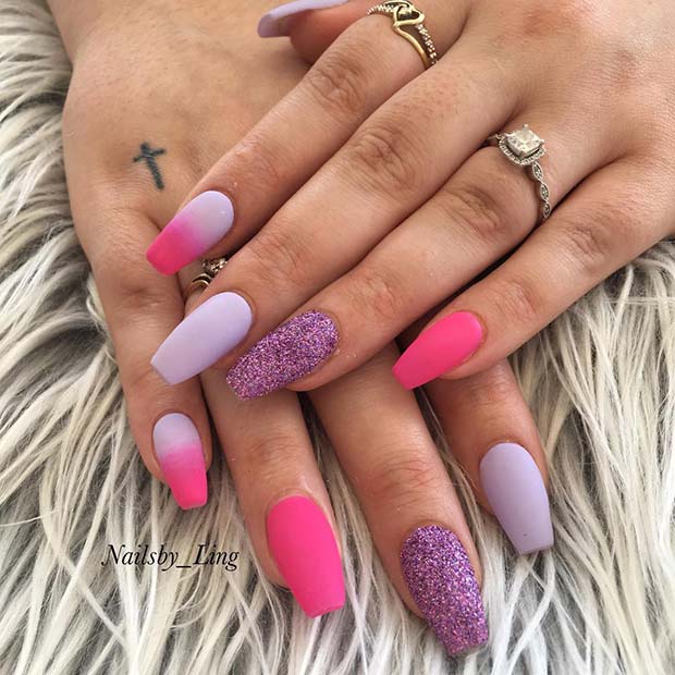 Matte, Purple and Pink Coffin Nails