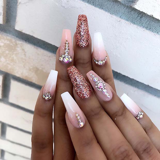 Elegant, Ombre Coffin Nails with Rose Gold Glitter